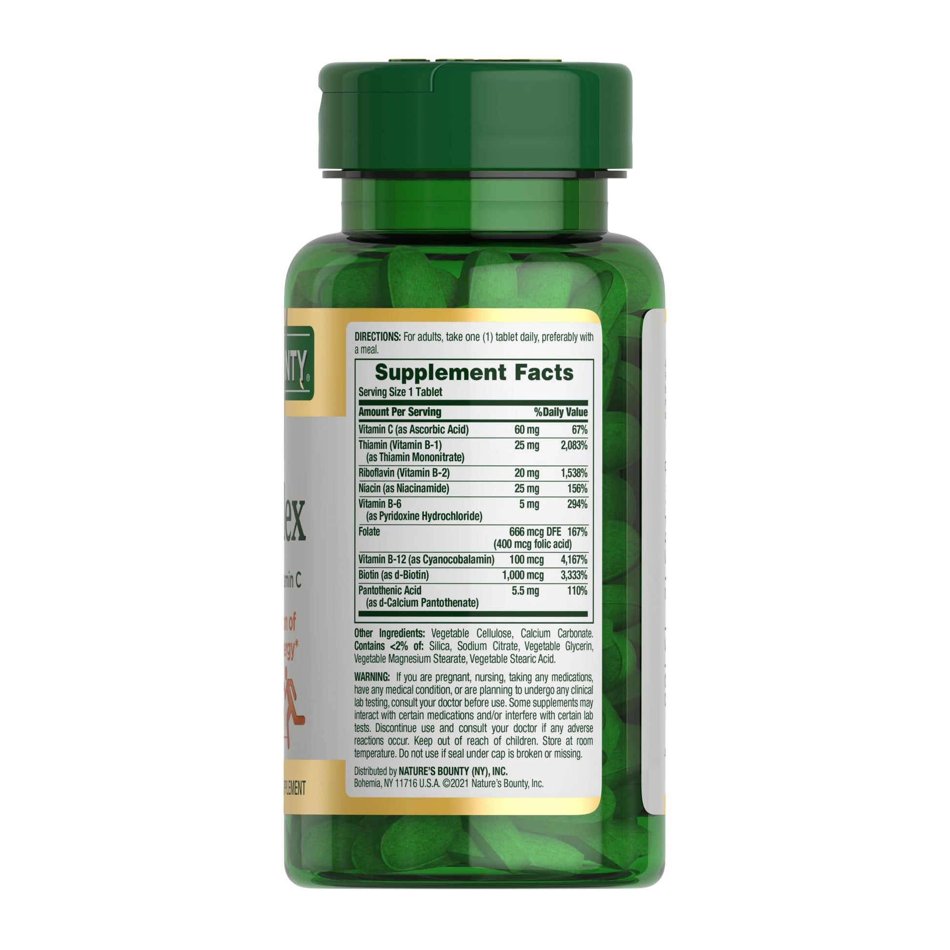 Side view of Nature's Bounty Super B Complex packaging with allergen and dietary friendly specifications