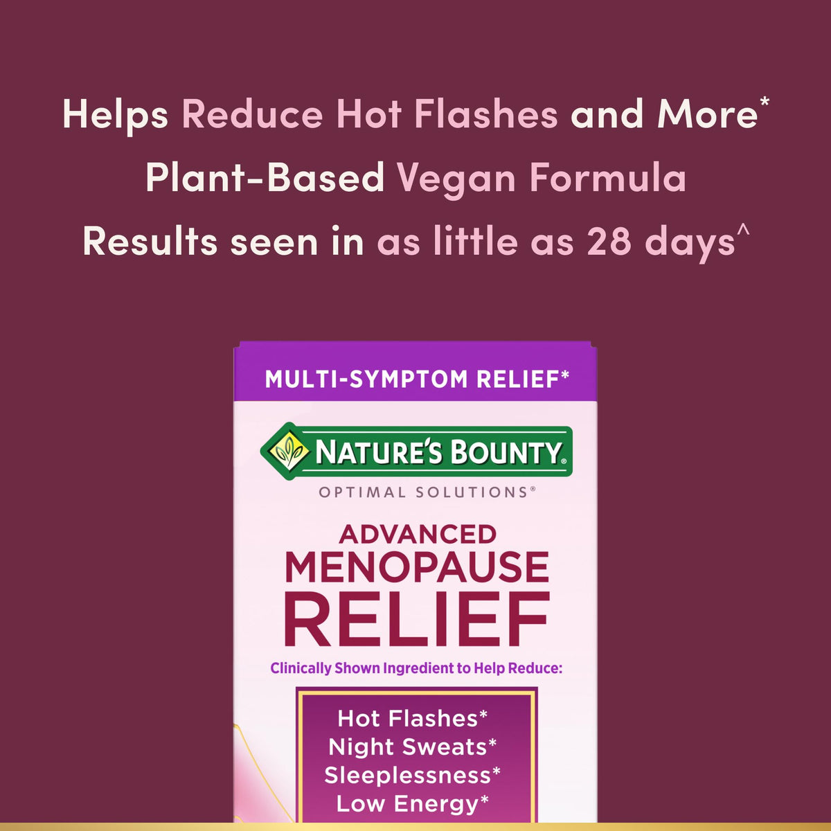 Side profile of Nature's Bounty menopause relief bottle showing active ingredients