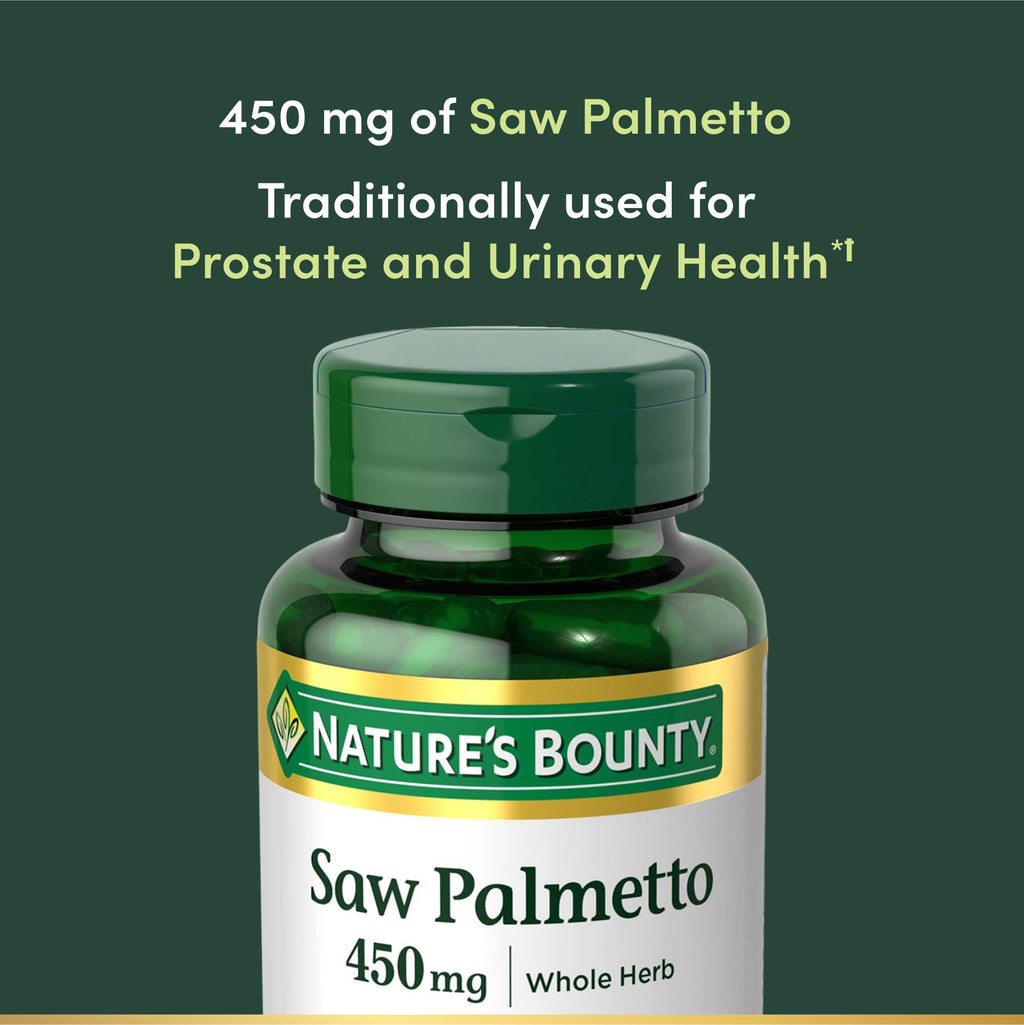Nature's Bounty Saw Palmetto capsules packaging showing dosage and guidelines
