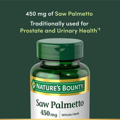Side angle of the green Nature's Bounty bottle illustrating the whole herb prostate support facts