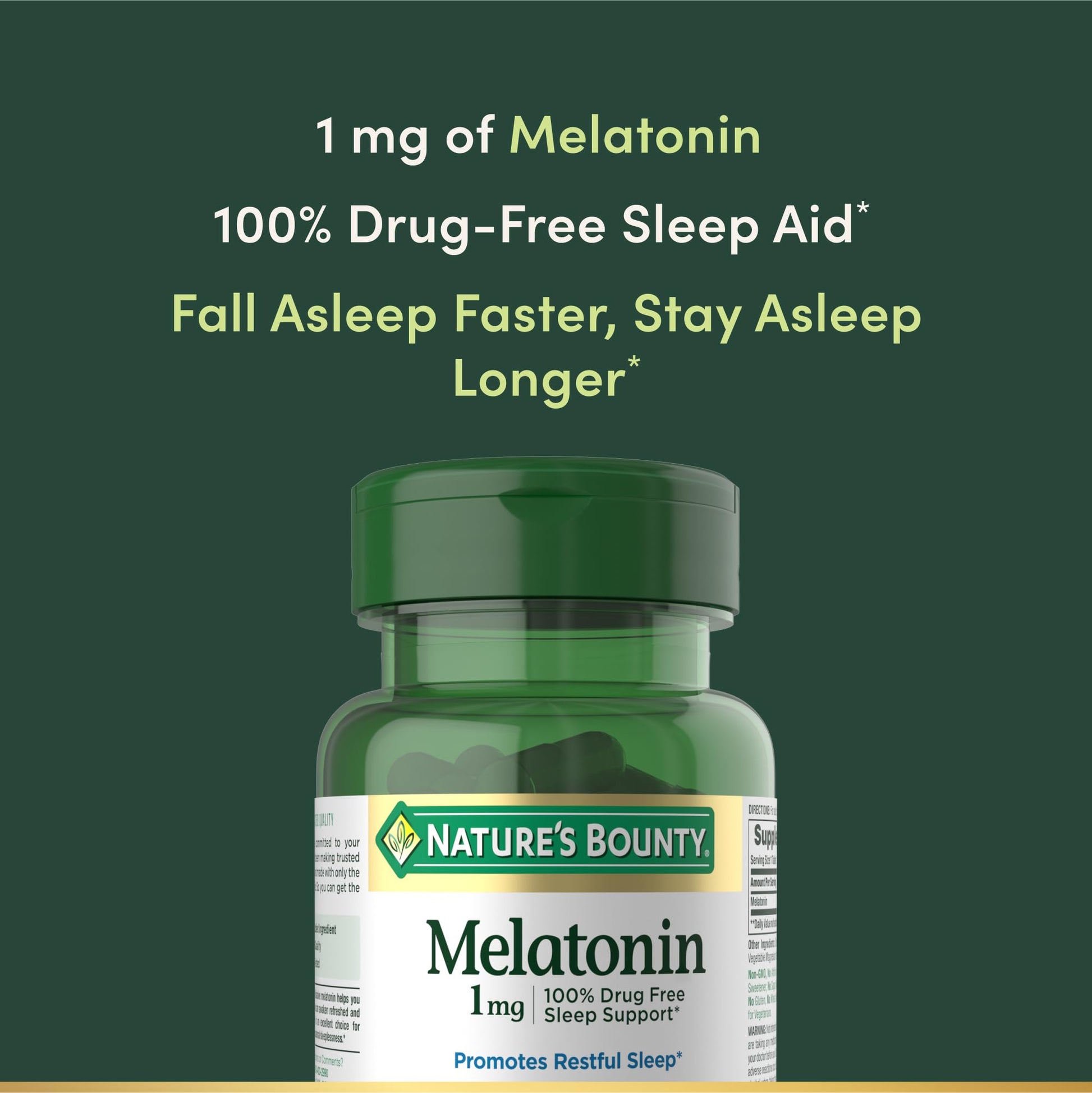 Side view of Nature's Bounty Melatonin 180 tablets packaging highlighting clean vegetarian ingredients