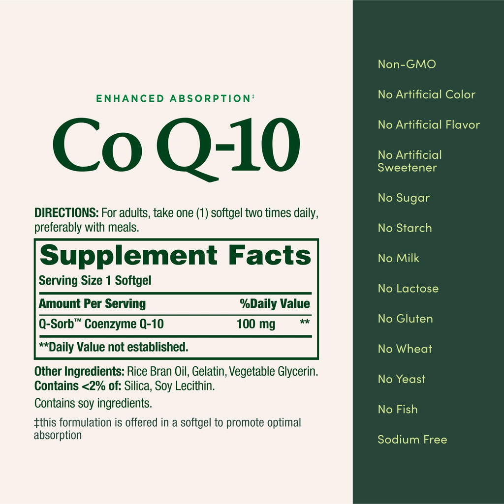 Nature's Bounty 100mg CoQ-10 supplement bottle back ingredient details