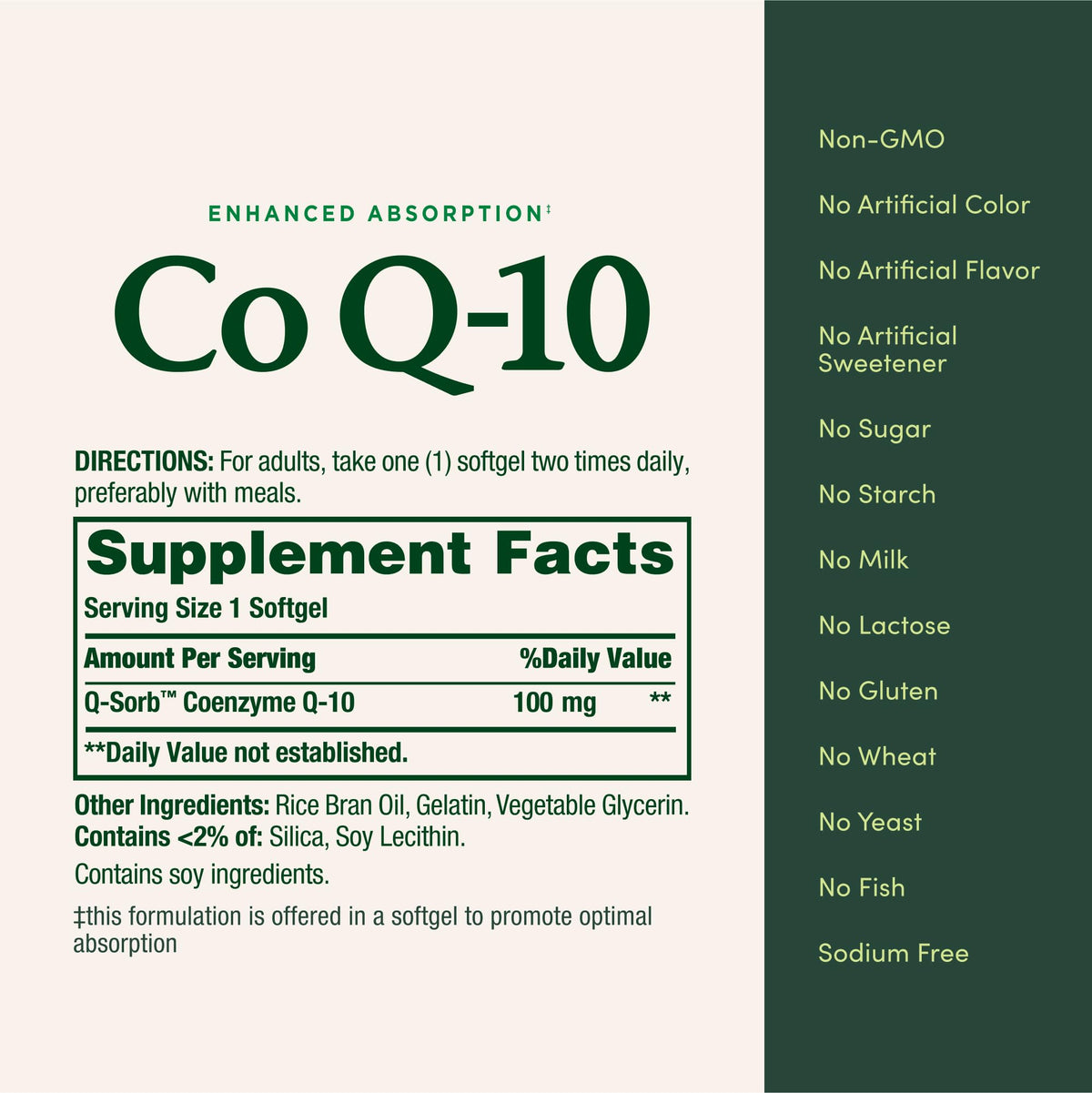 Nature's Bounty 100mg CoQ-10 supplement bottle back ingredient details