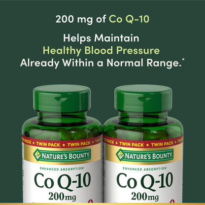 Back label of Nature's Bounty Coenzyme Q10 softgels detailing premium ingredients and instructions