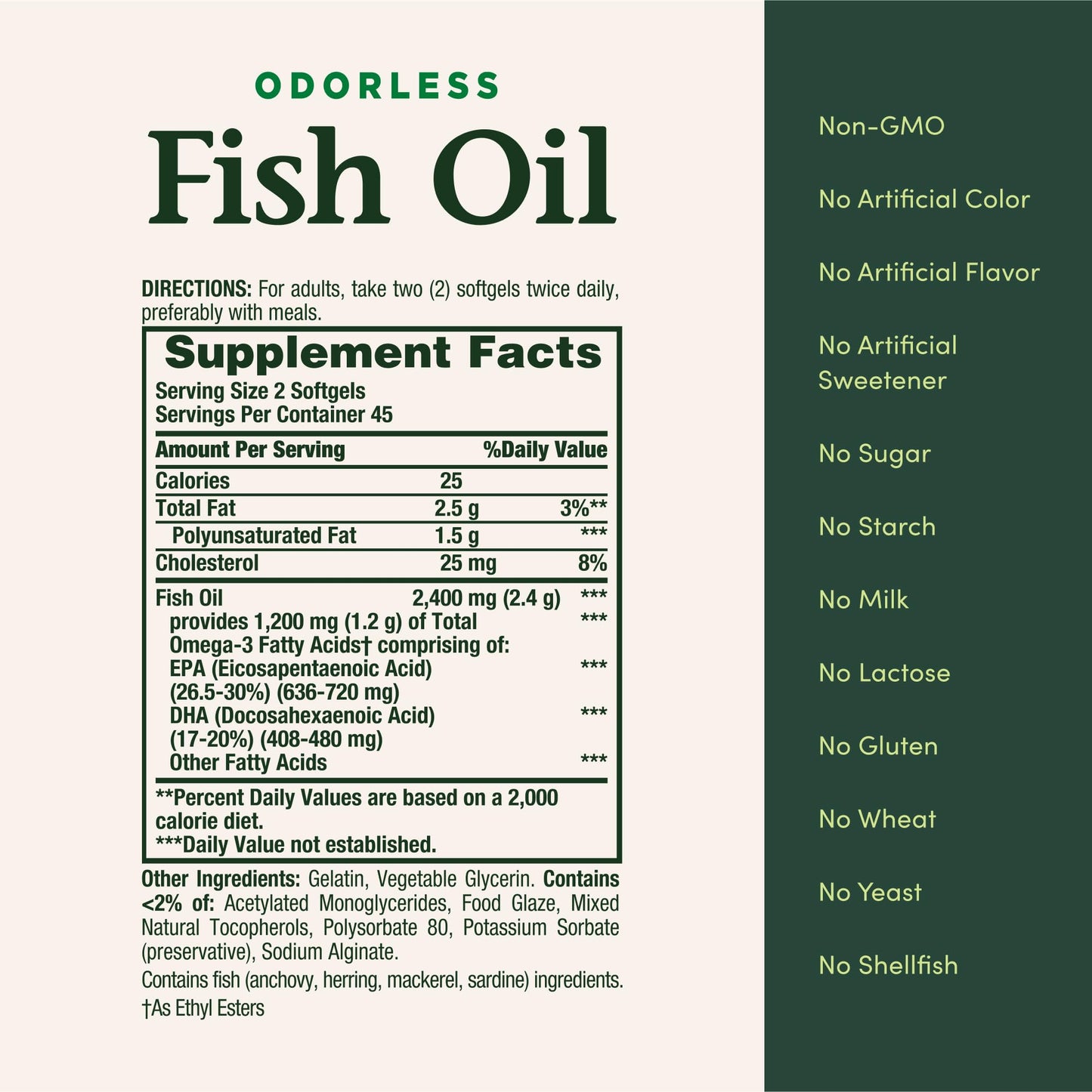 Back label of Nature's Bounty Fish Oil 2400 Milligram outlining adult dosage instructions and ingredients.