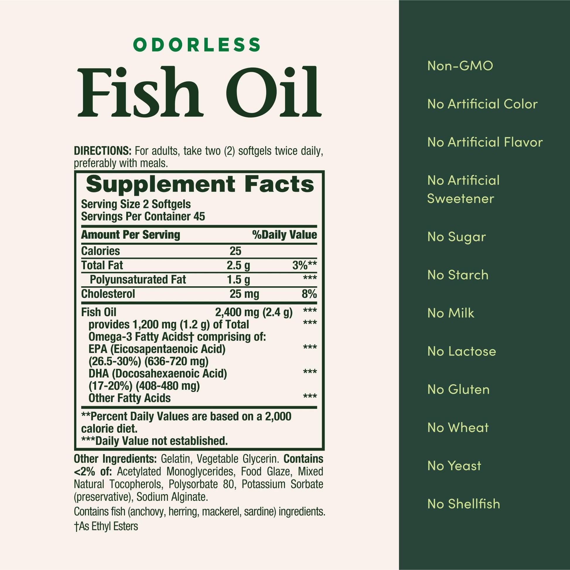 Back label of Nature's Bounty Fish Oil 2400 Milligram outlining adult dosage instructions and ingredients.
