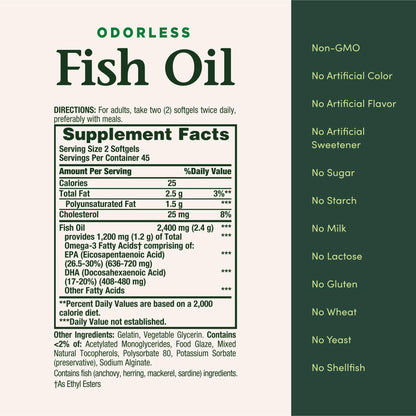 Back label of Nature's Bounty Fish Oil 2400 Milligram outlining adult dosage instructions and ingredients.