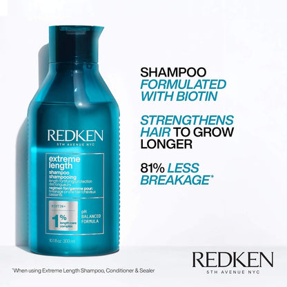 Biotin infused Redken shampoo bottle targeting anti hair breakage