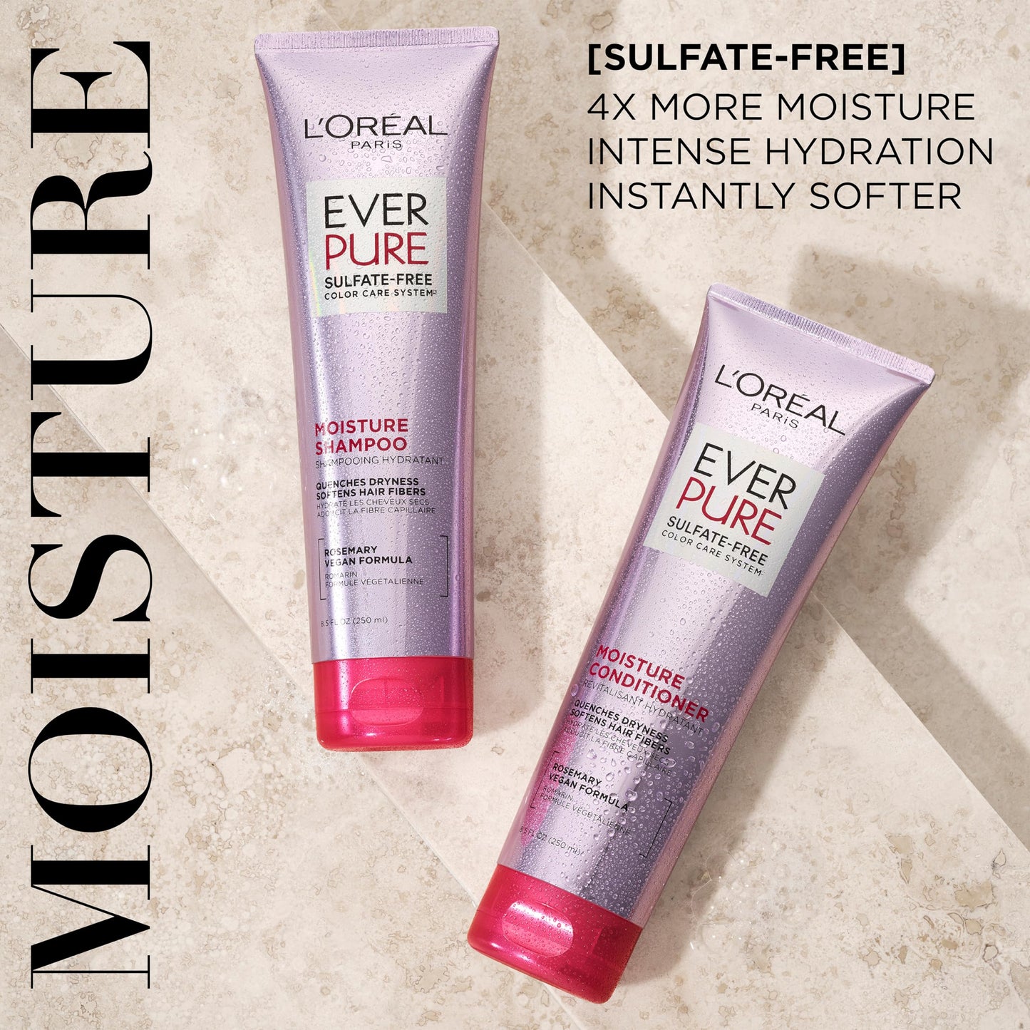 L'Oreal Paris EverPure Moisture Shampoo and Conditioner bottles placed upright on a clean surface.