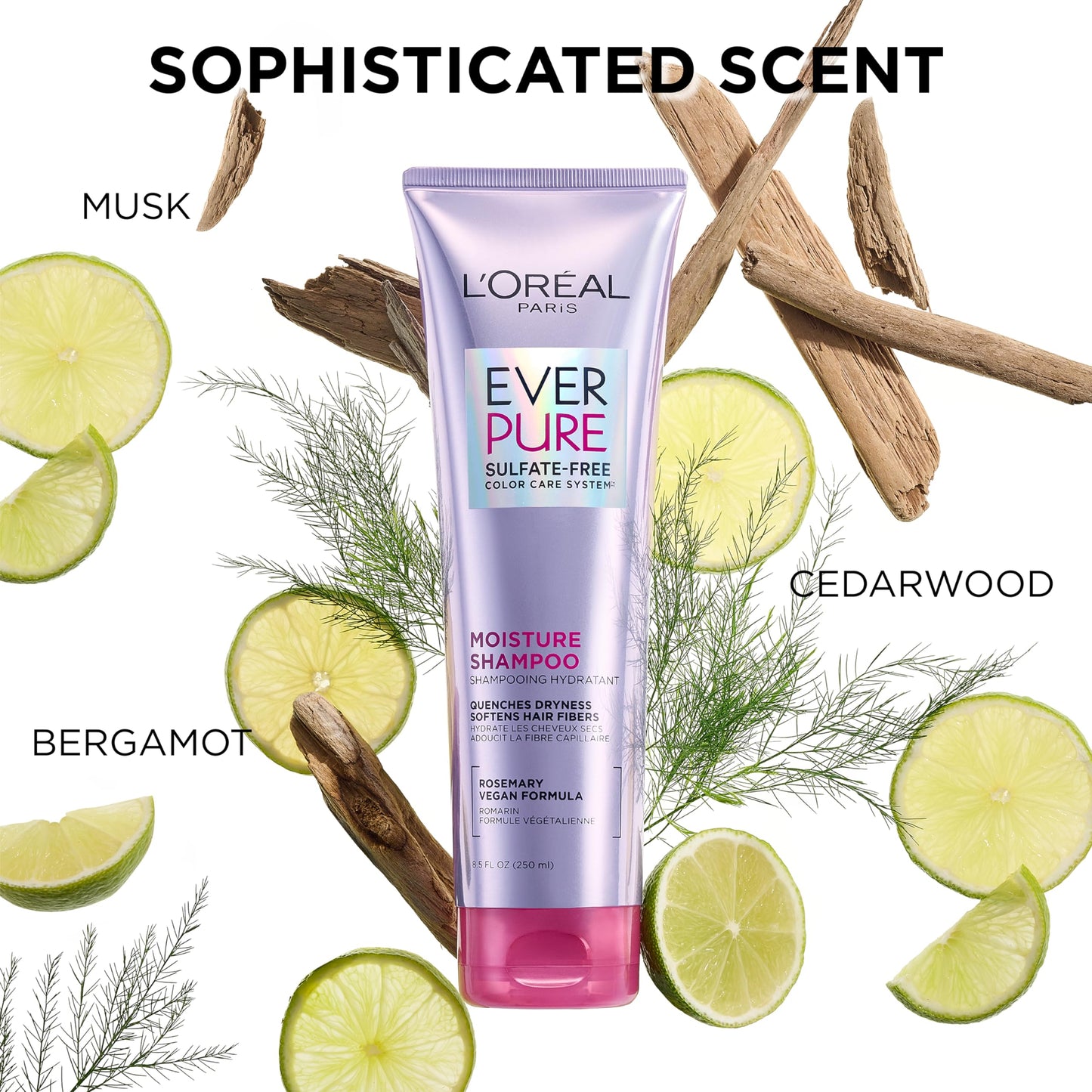 Close up view of the rosemary botanicals logo on the L'Oreal EverPure Moisture bottle.