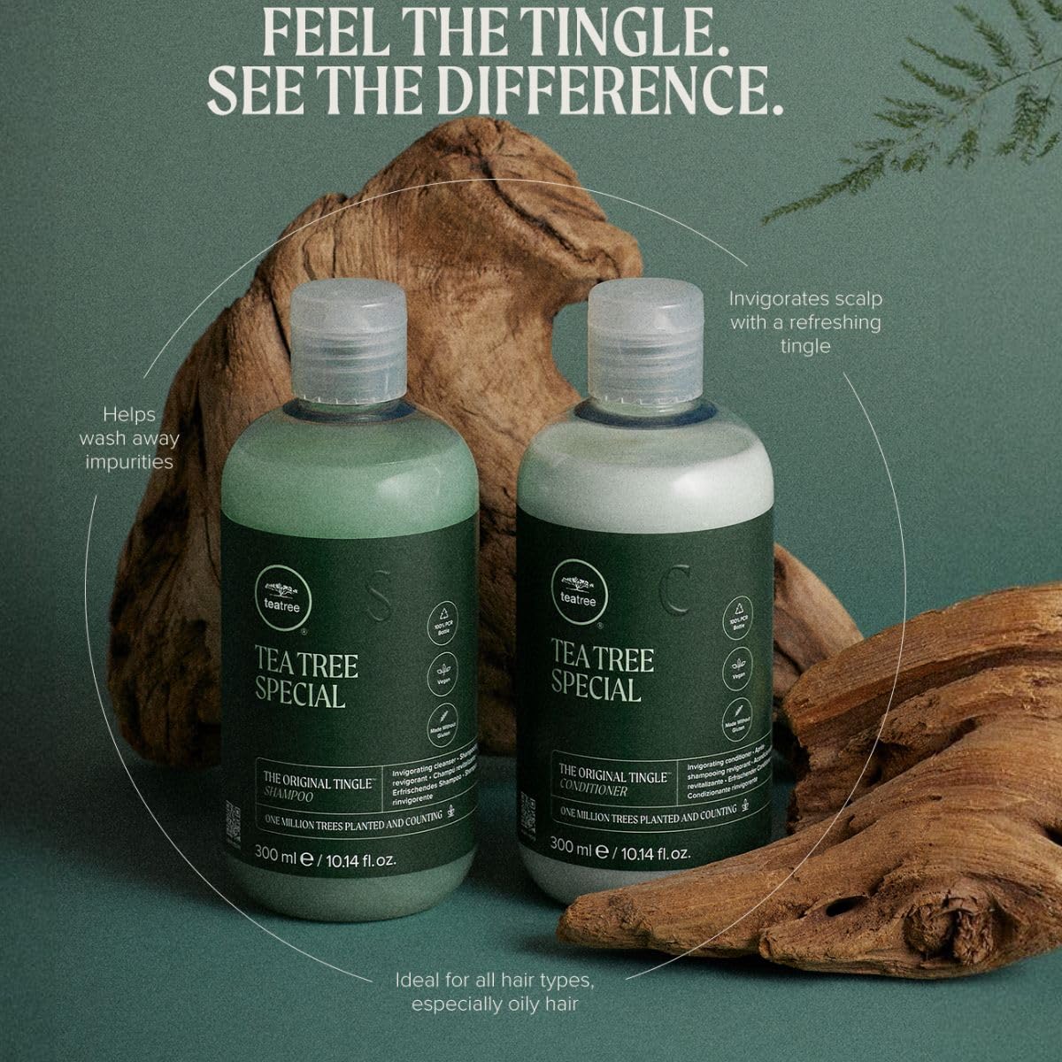 Scalp refreshing shampoo bottle featuring the signature tea tree logo