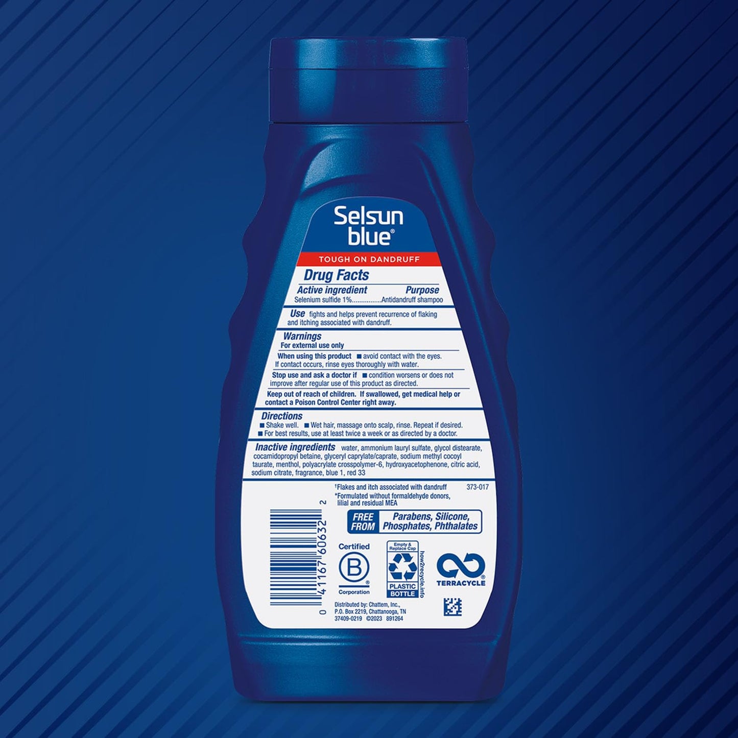 Selsun Blue Medicated Scalp Treatment showing the back label with ingredients and instructions