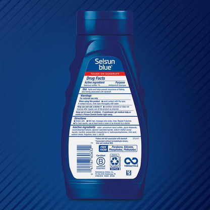 Selsun Blue Medicated Scalp Treatment showing the back label with ingredients and instructions