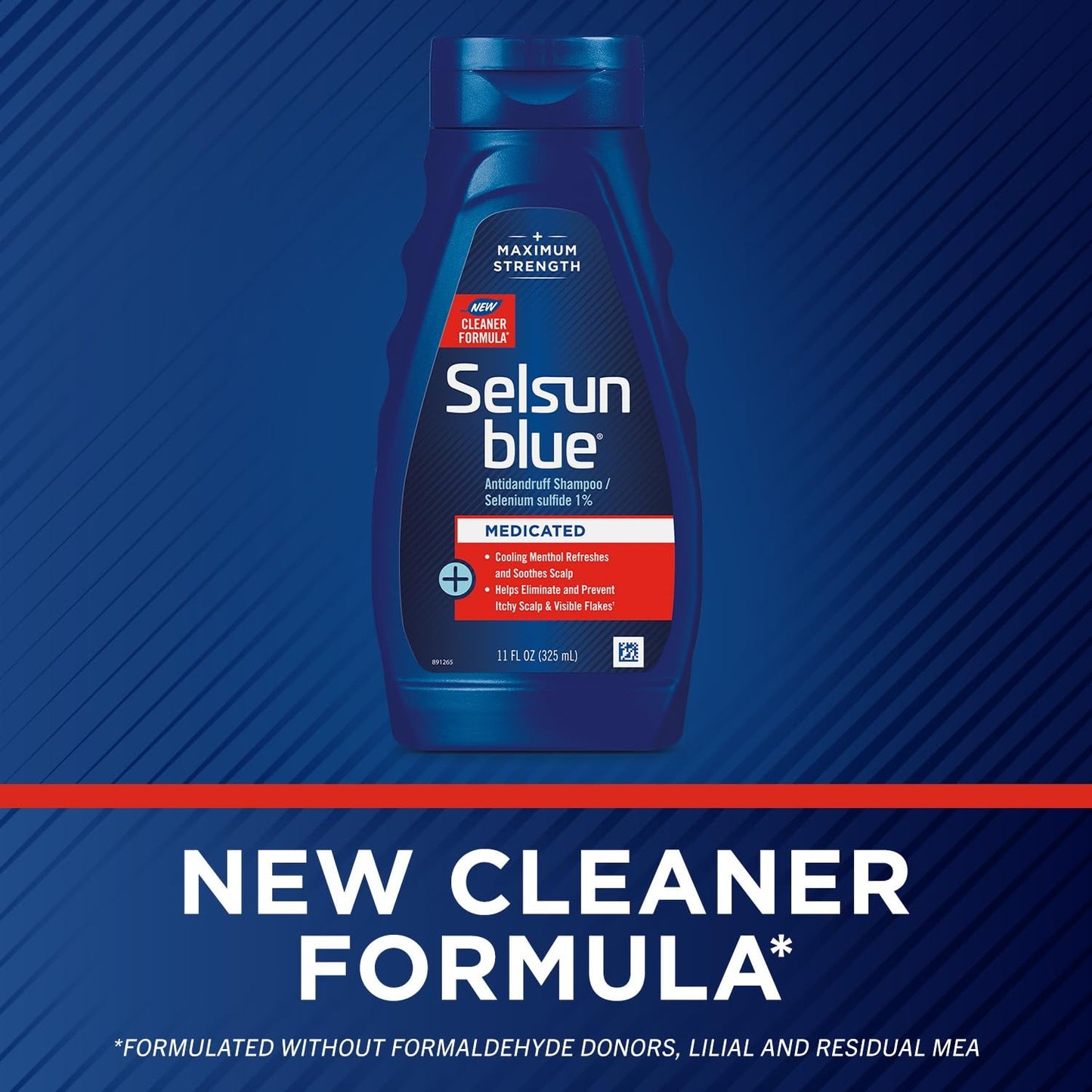 Selsun Blue 11 Fluid Ounce bottle showcasing the selenium sulfide active ingredient percentage