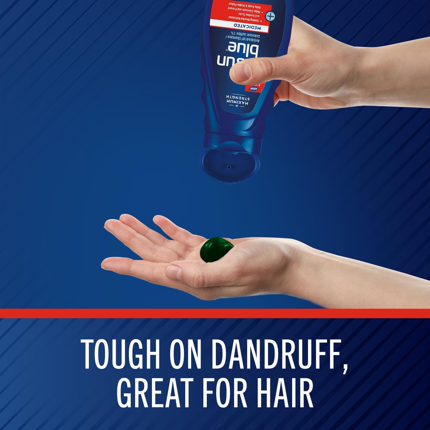 Authentic Selsun Blue Medicated Antidandruff Shampoo bottle sitting upright on a white surface