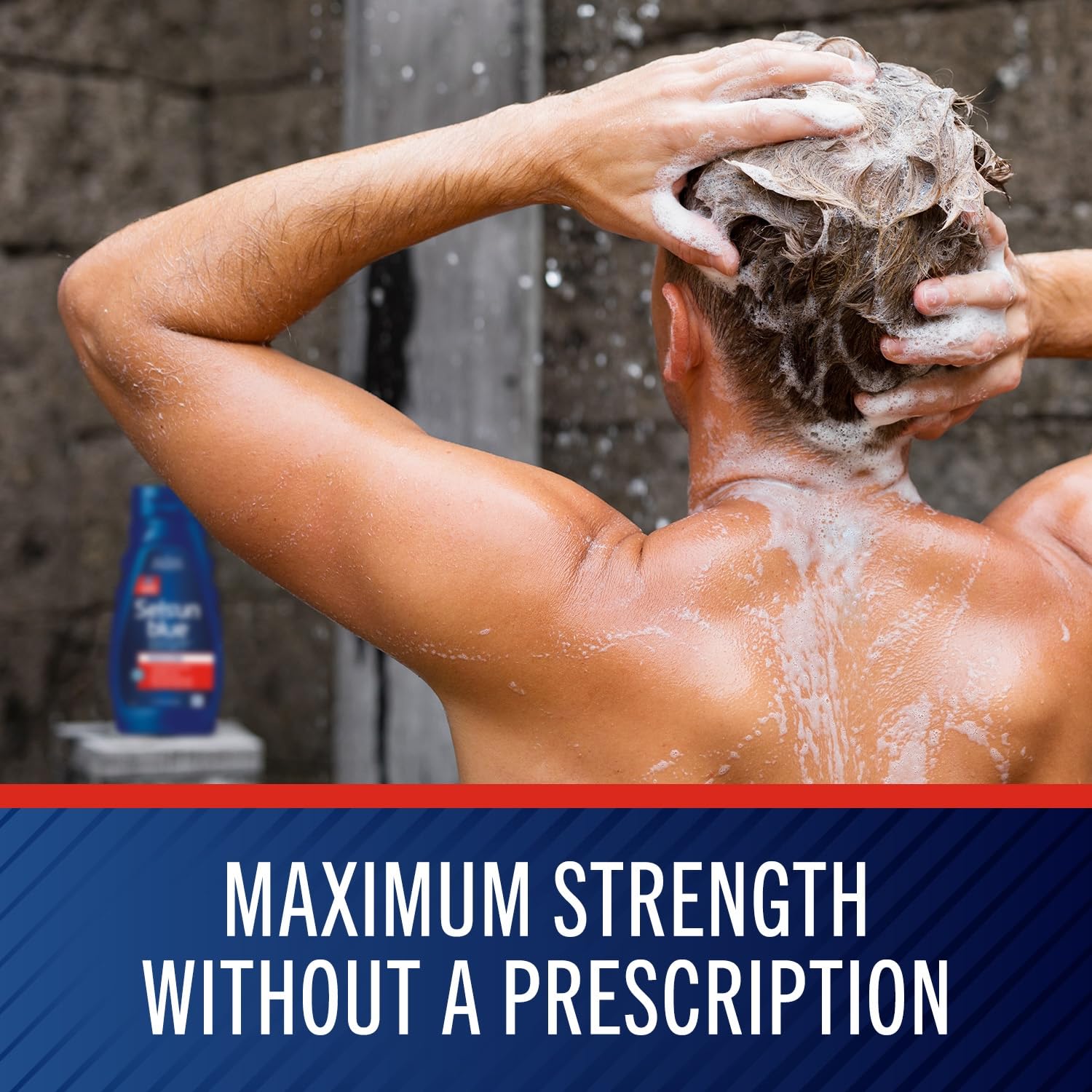 Selsun Blue Medicated Antidandruff Shampoo displaying the secure blue cap and clean label design