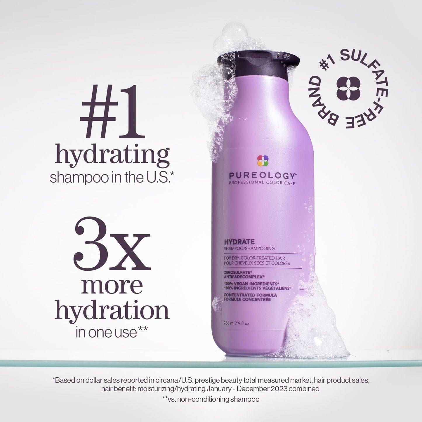 Pureology Hydrate Shampoo back label detailing sulfate free vegan ingredients