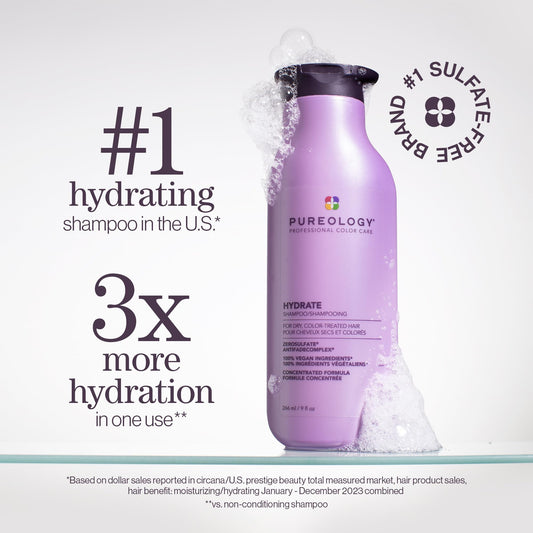 Pureology Hydrate Shampoo back label detailing sulfate free vegan ingredients