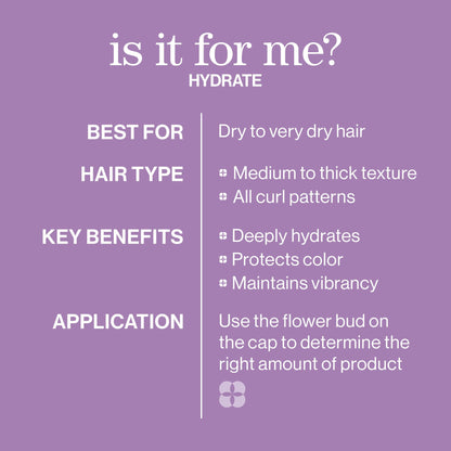 Pureology Hydrate Shampoo bottle alongside natural rose extract and green tea elements
