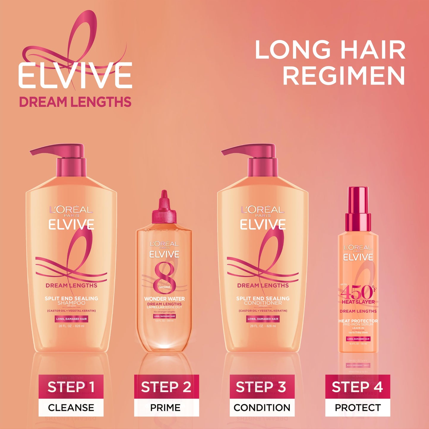 L'Oreal Paris Elvive hair repair shampoo and conditioner set on a white background