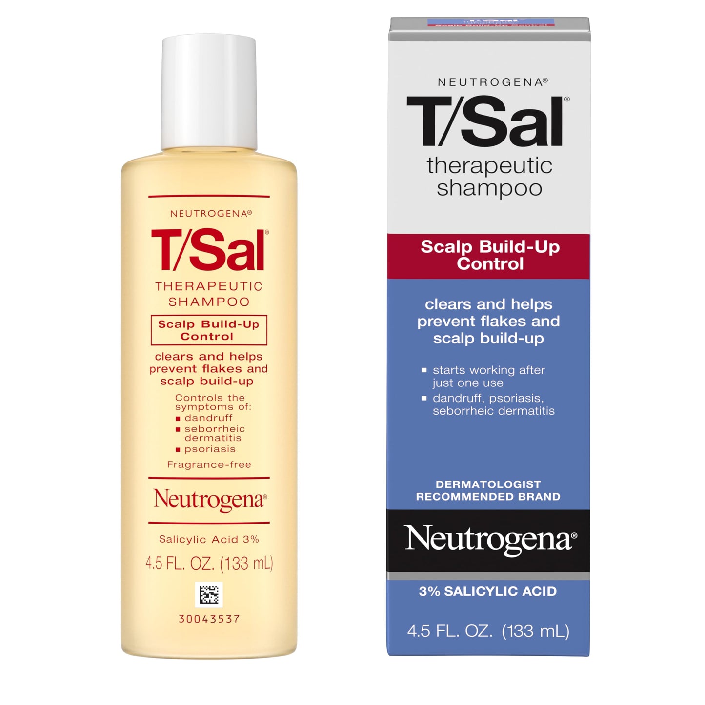 Dermatologist recommended Neutrogena T/Sal anti dandruff shampoo bottle for oily greasy hair care