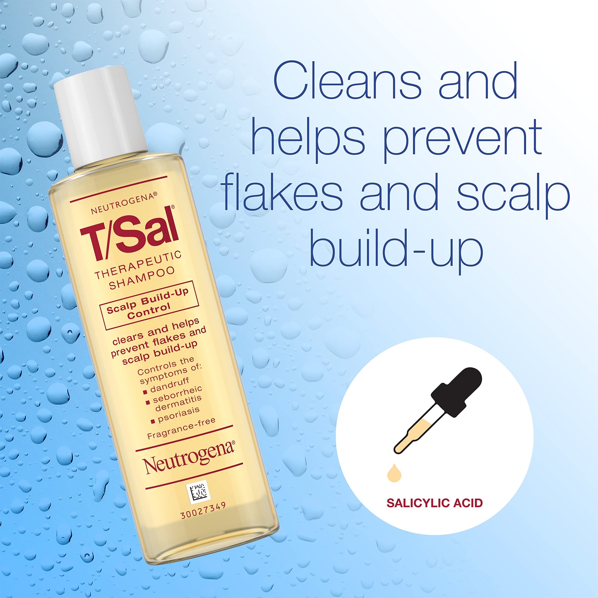 Fragrance free Neutrogena T/Sal therapeutic shampoo bottle showing four point five fluid ounces size