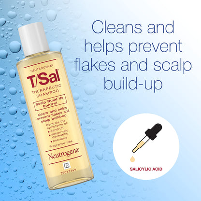 Fragrance free Neutrogena T/Sal therapeutic shampoo bottle showing four point five fluid ounces size