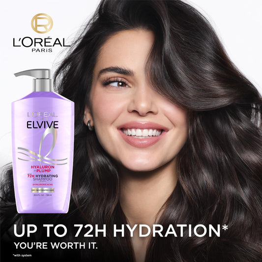 Imported L'Oreal Elvive hydrating shampoo bottle highlighting the seventy two hour moisture benefit label