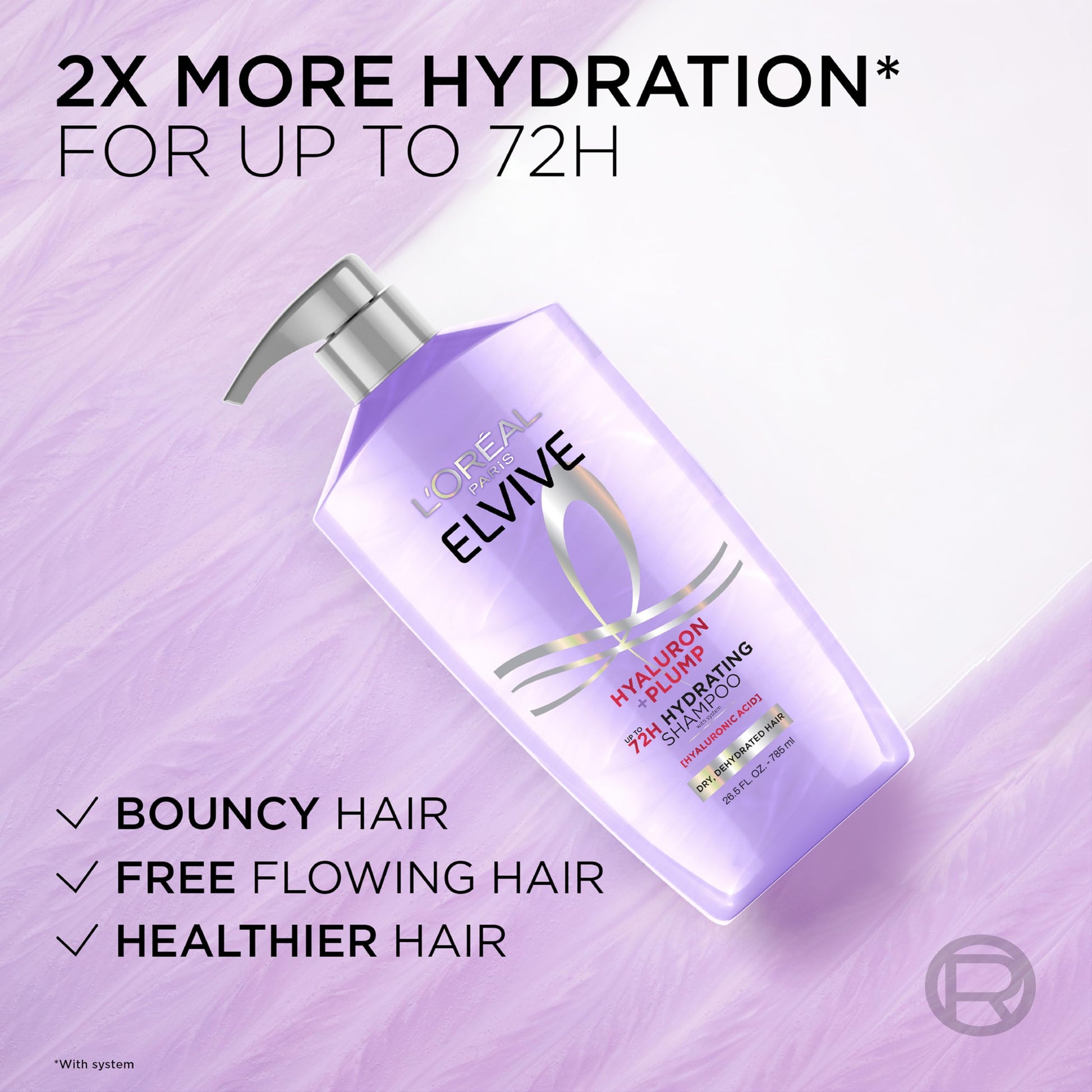 Back label view of L'Oreal Paris Elvive Hyaluron Plump bottles showing product directions and details