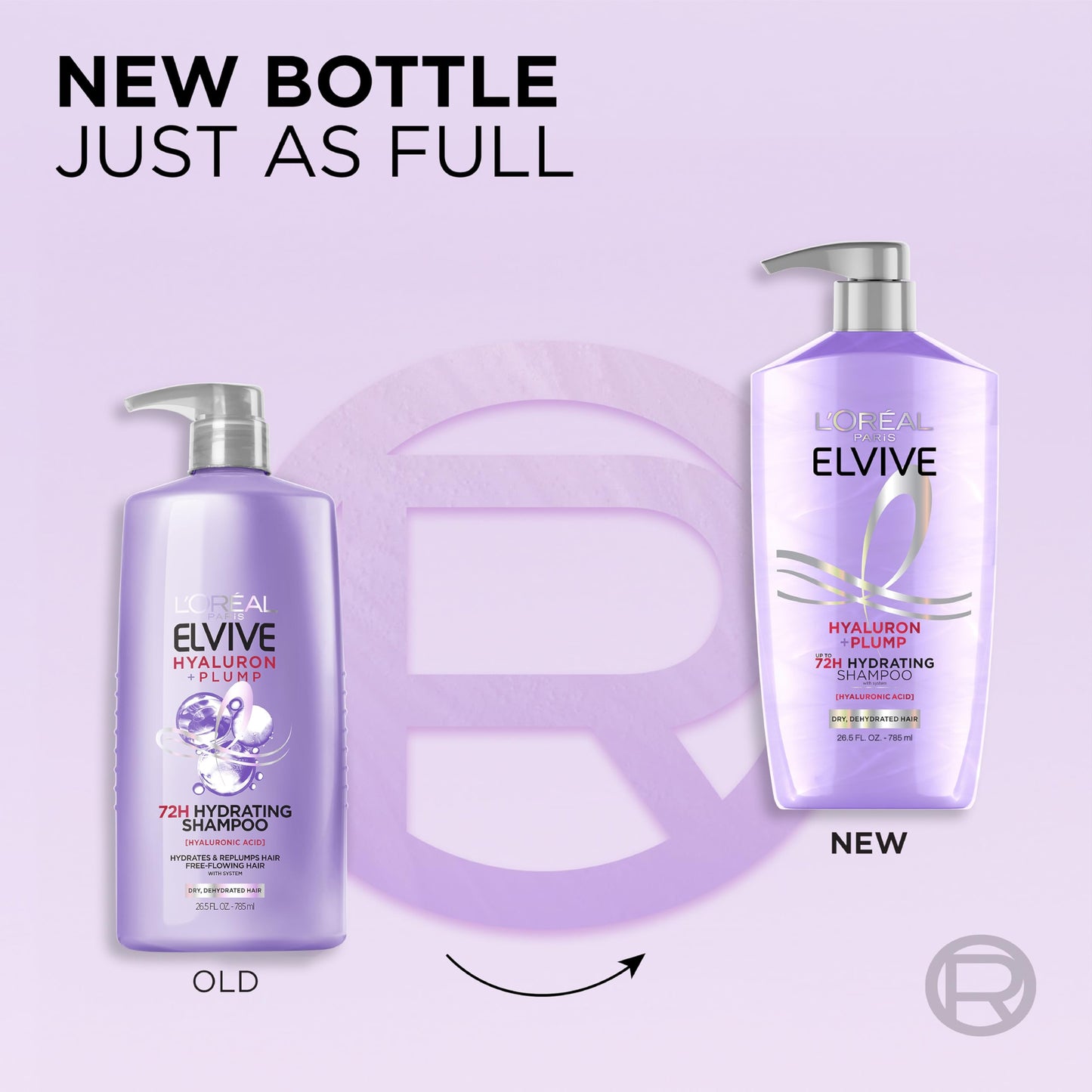 Close up of the twenty eight fluid ounce packaging of L'Oreal Elvive Hyaluron Plump hair care combo