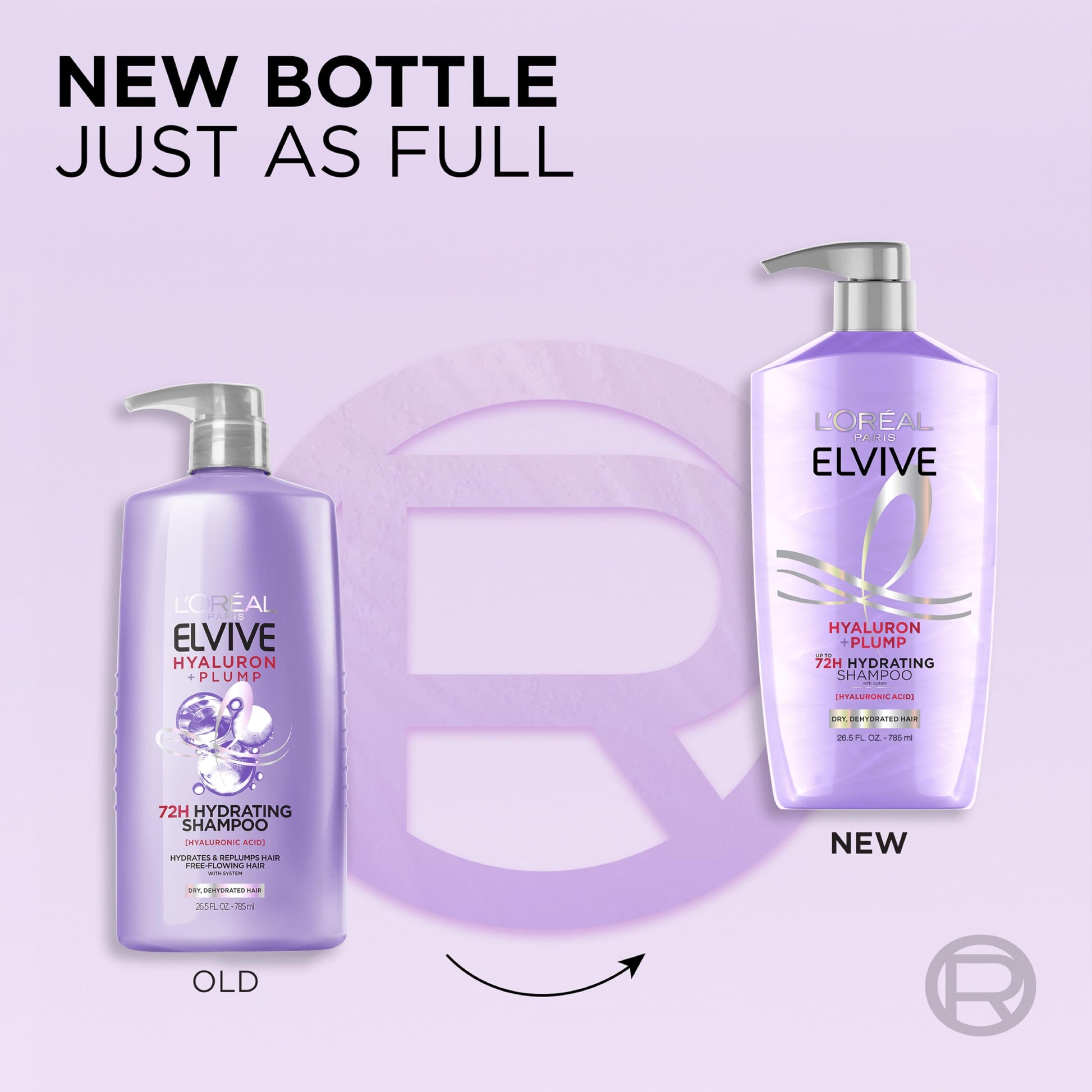 Close up of the twenty eight fluid ounce packaging of L'Oreal Elvive Hyaluron Plump hair care combo