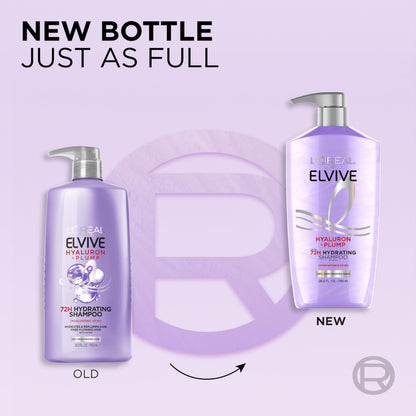 Close up of the twenty eight fluid ounce packaging of L'Oreal Elvive Hyaluron Plump hair care combo