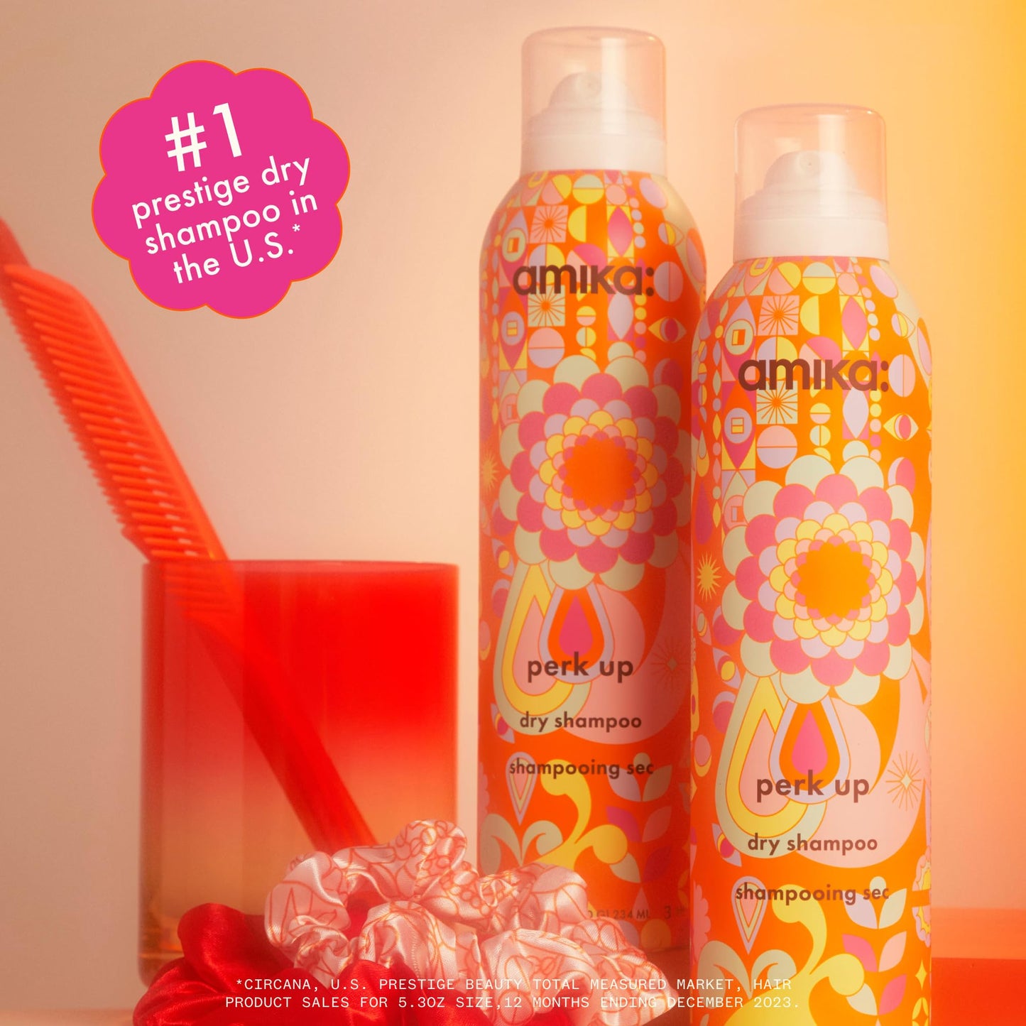 Amika hair refreshment spray bottle displaying product benefits and clean ingredient callouts