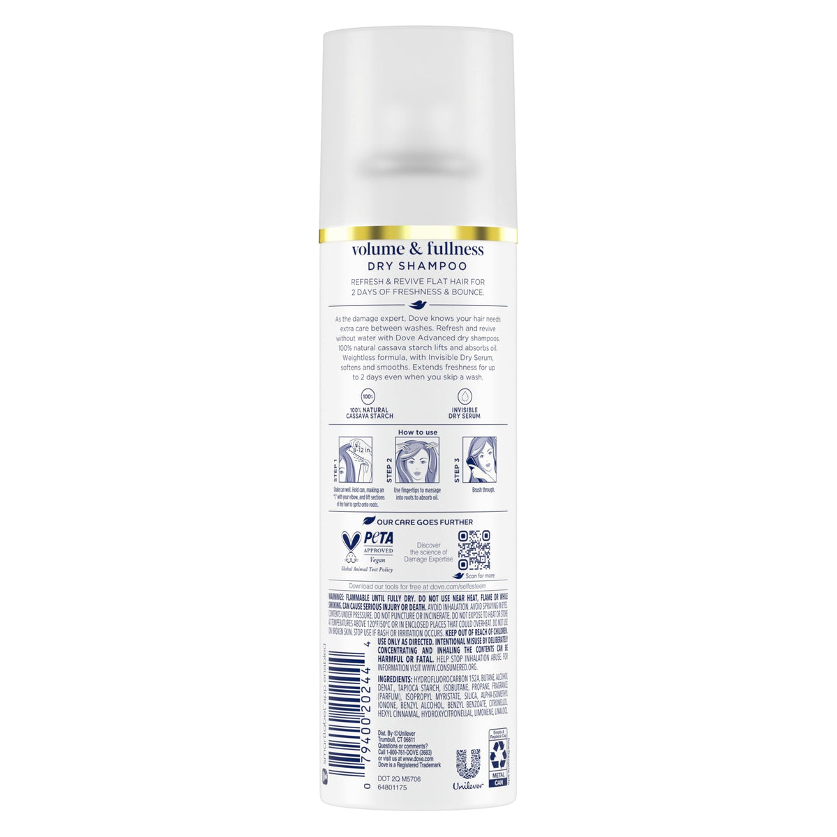 Dove waterless refreshing aerosol spray can packaging details