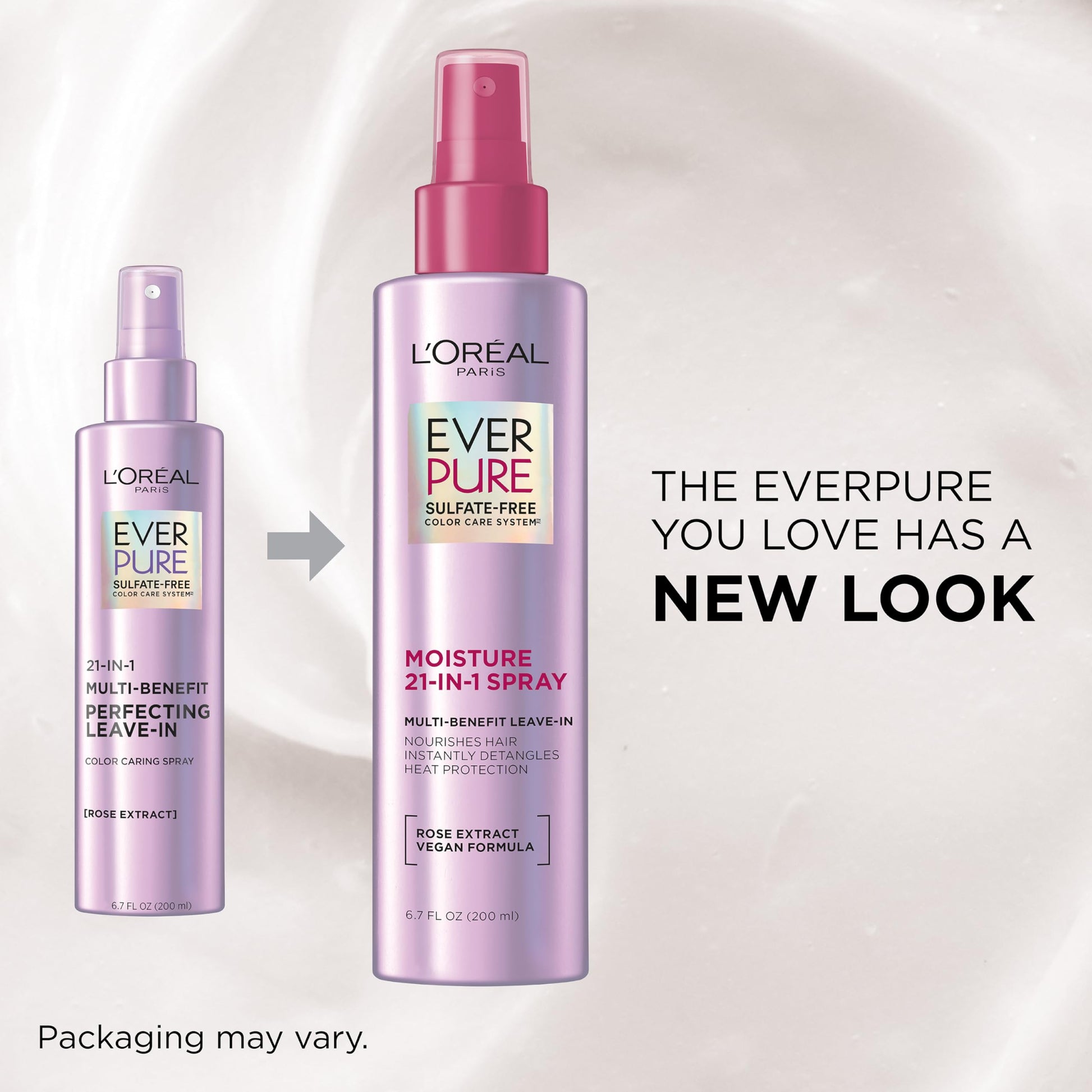 Close up of L'Oreal EverPure 21-In-1 spray bottle texture and packaging