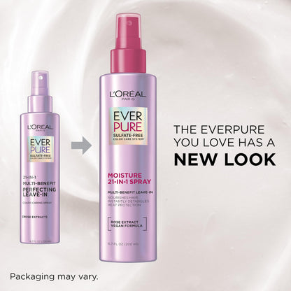 Close up of L'Oreal EverPure 21-In-1 spray bottle texture and packaging