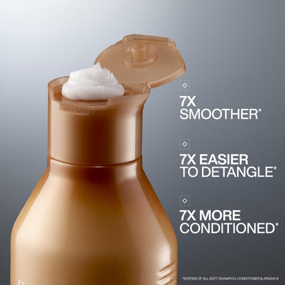 Gold bottle of Redken All Soft Conditioner with argan oil