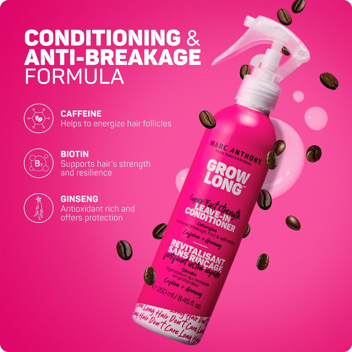 Marc Anthony hair strengthening spray bottle on white background