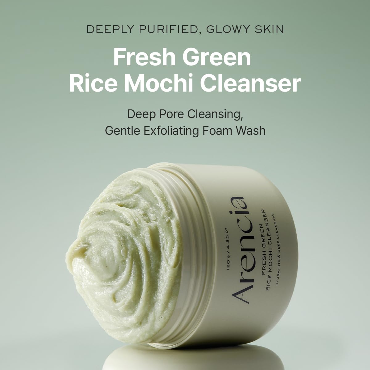 Arencia Mochi cleanser texture showing green tea and rice ingredients