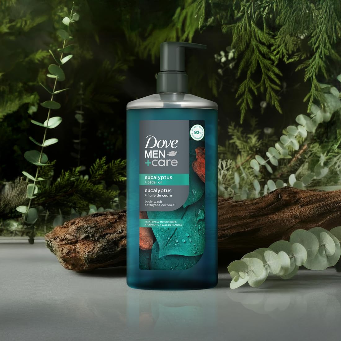 Close up of Dove Men Plus Care Eucalyptus and Cedar Oil packaging