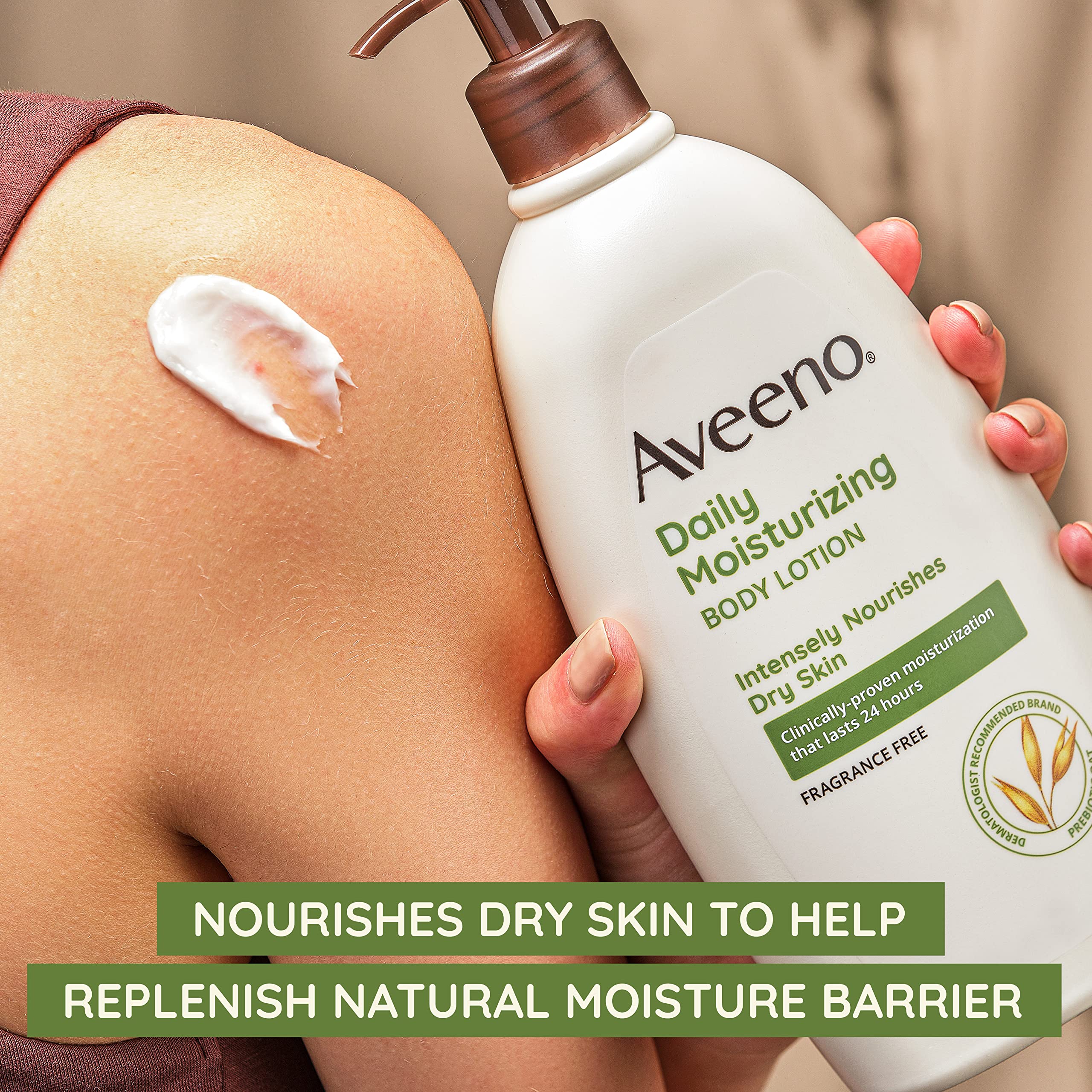 Dermatologist recommended Aveeno fragrance free body moisturizer close up shot