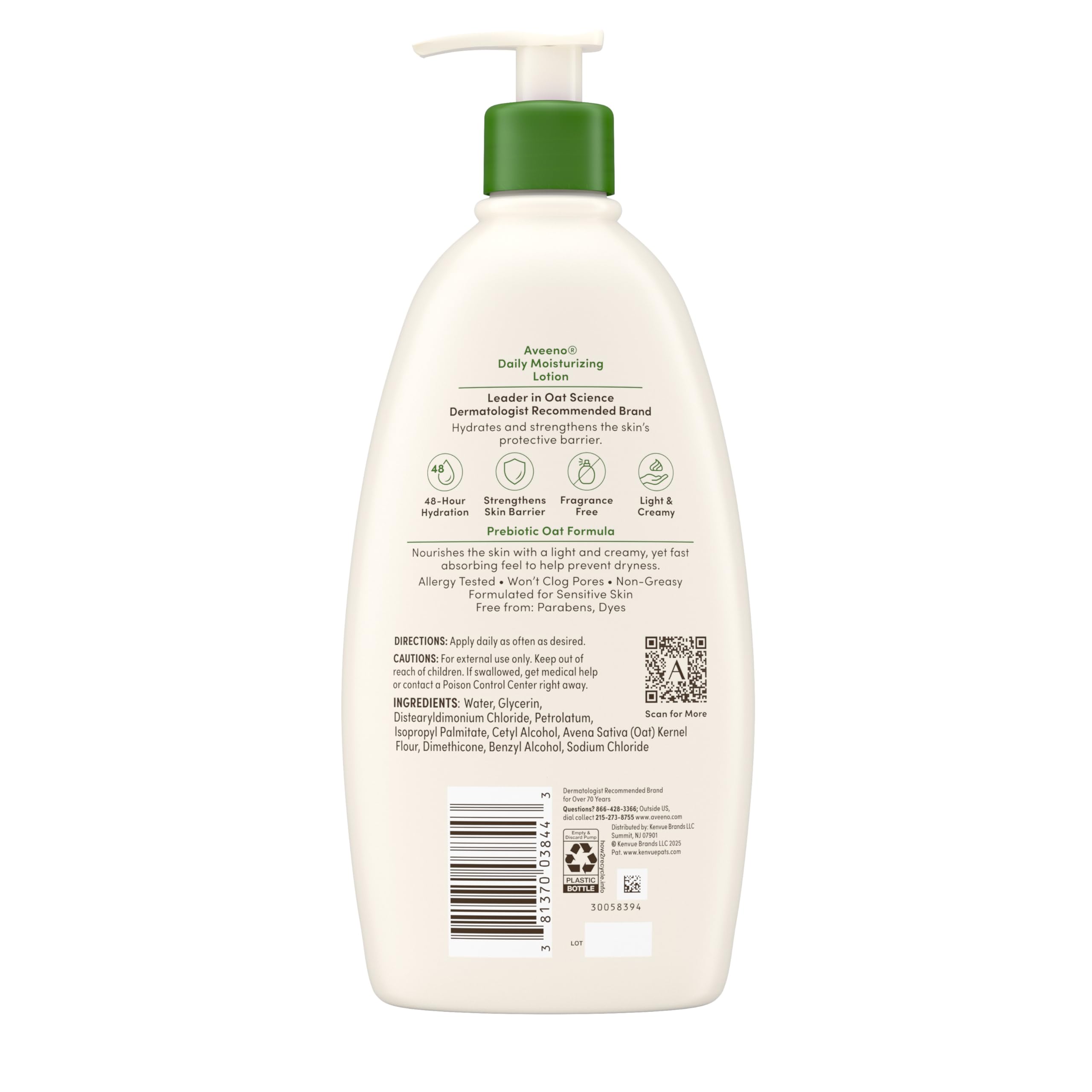 Aveeno Active Naturals daily moisturizing lotion pump bottle back label details