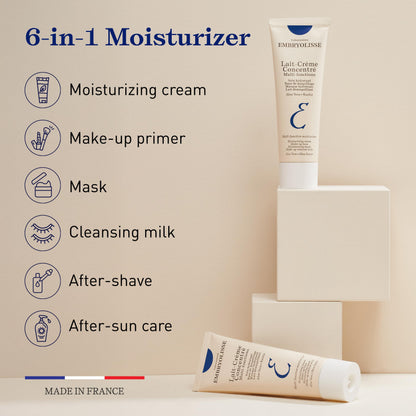 Creamy white texture of Embryolisse Lait-Crème Concentré squeezed out on a clean surface highlighting its rich consistency
