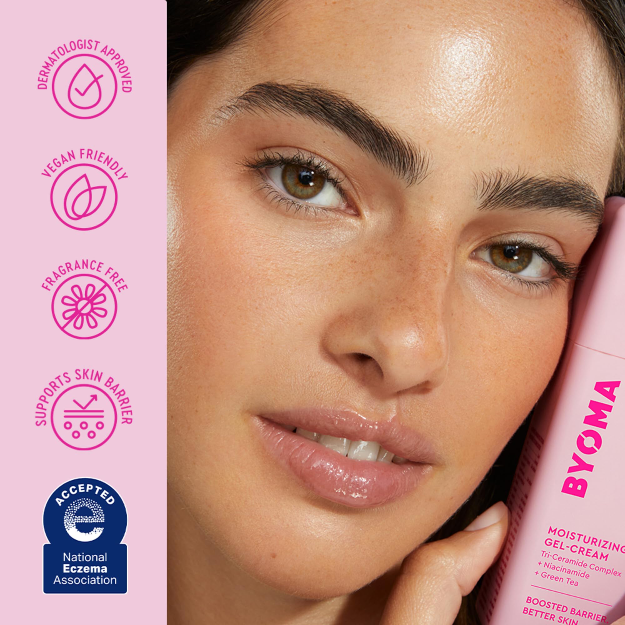 Pink bottle of Byoma skincare moisturizer showing directions for sensitive and oily skin types