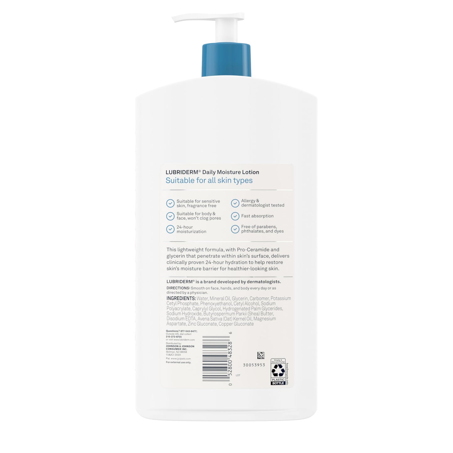 Lubriderm lotion bottle with pro-ceramide formula details