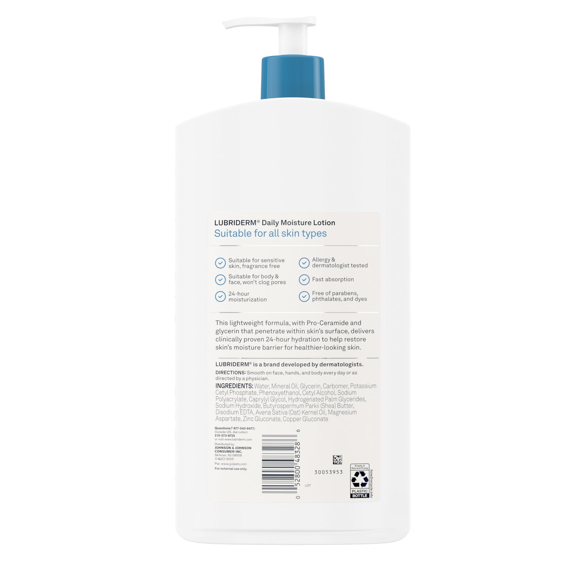 Lubriderm lotion bottle with pro-ceramide formula details