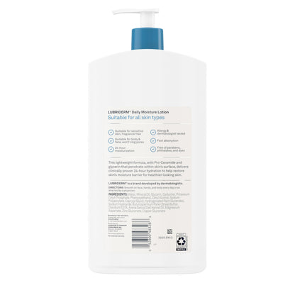 Lubriderm lotion bottle with pro-ceramide formula details