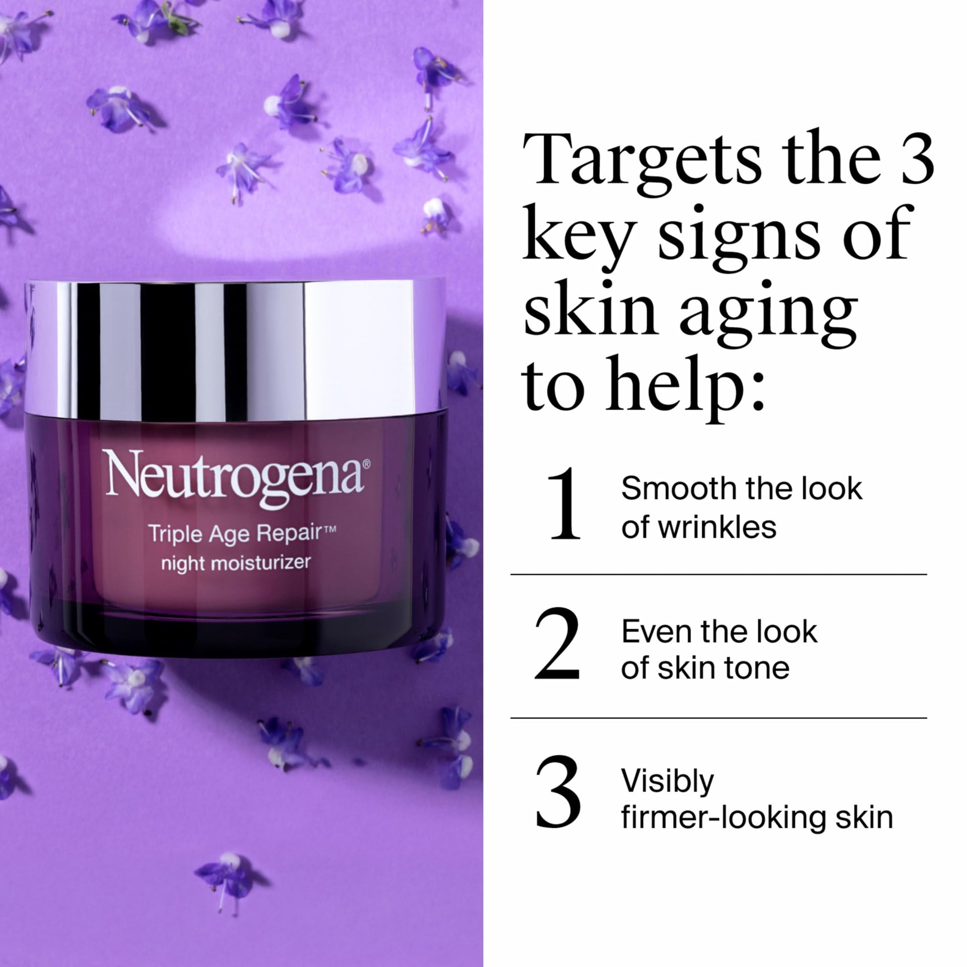 Side view of Neutrogena Triple Age Repair jar detailing the main ingredients Hexinol and Vitamin C
