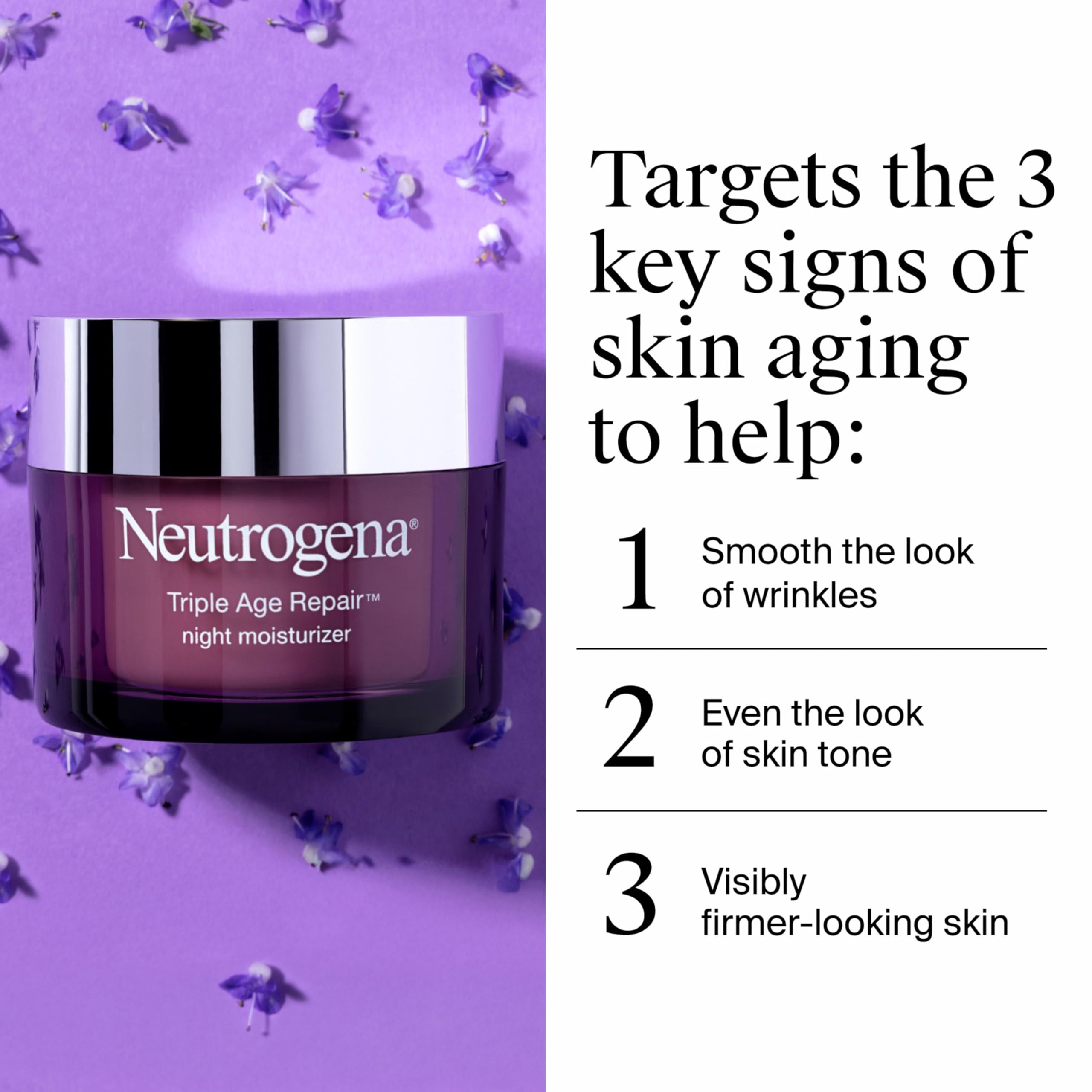 Side view of Neutrogena Triple Age Repair jar detailing the main ingredients Hexinol and Vitamin C