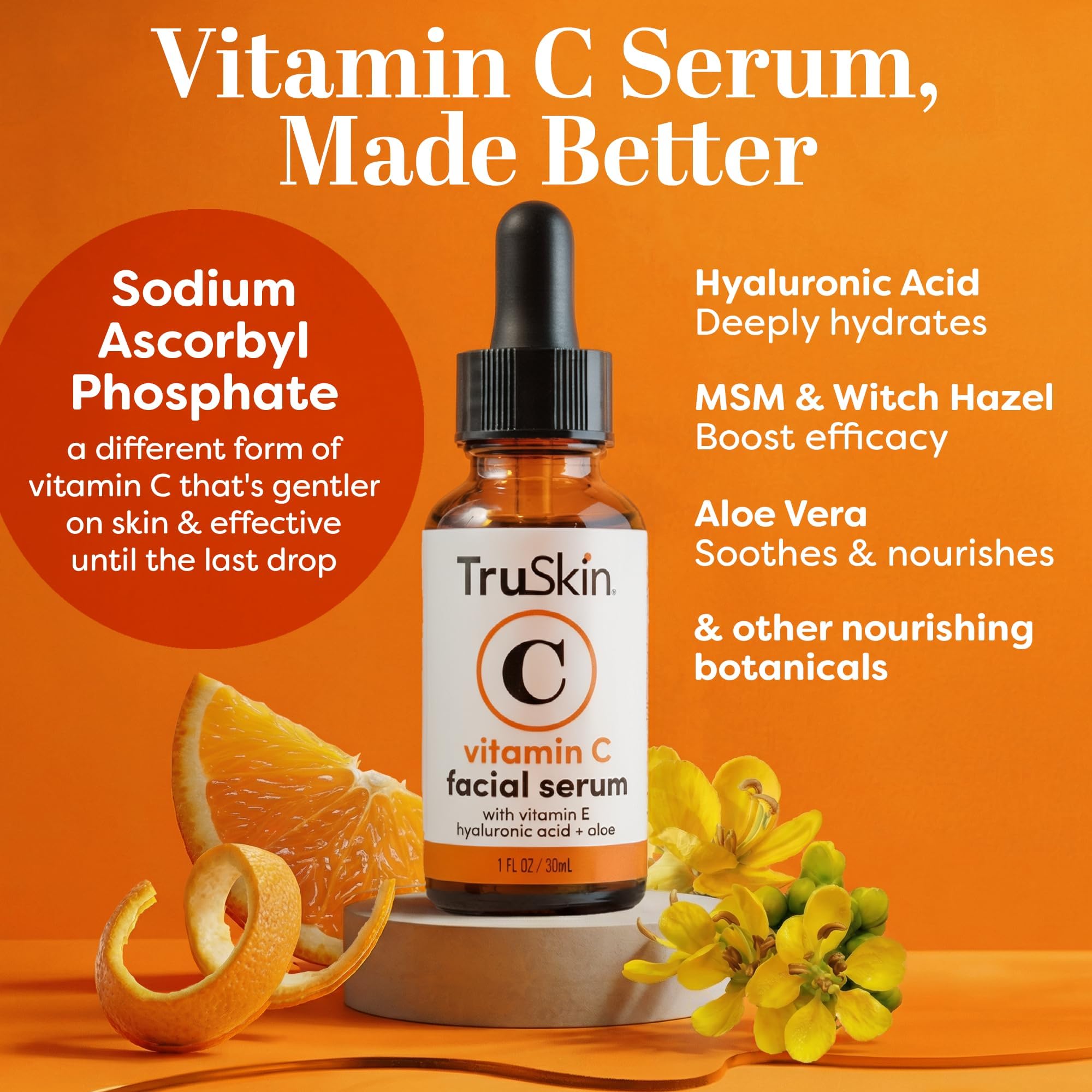 TruSkin Vitamin C Face Serum packaging box and dropper bottle displaying key brightening ingredients